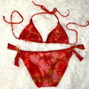 Lucky Brand Tie Dye Dot String Bikini Pom Trim